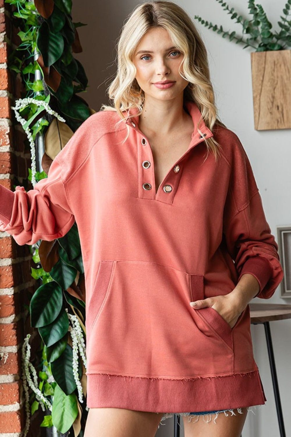 First Love Grommet Split Neck Kangaroo Pocket Sweatshirt - Trendsi
