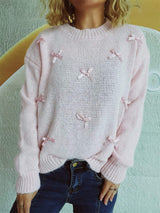Bow Trim Round Neck Long Sleeve Sweater - Trendsi - Flyclothing LLC
