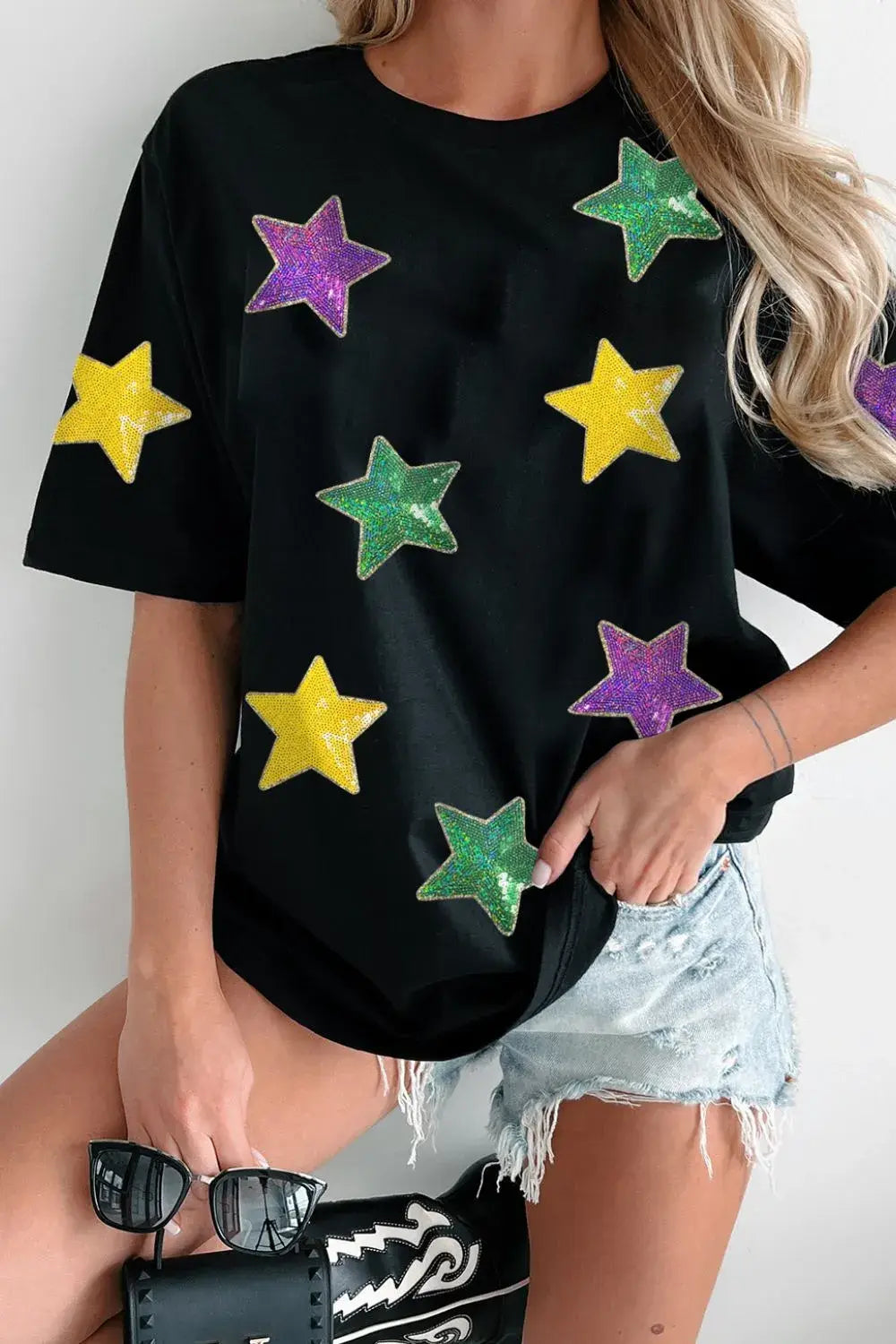 Sequin Stars Patched Round Neck T-Shirt - Trendsi - Flyclothing LLC