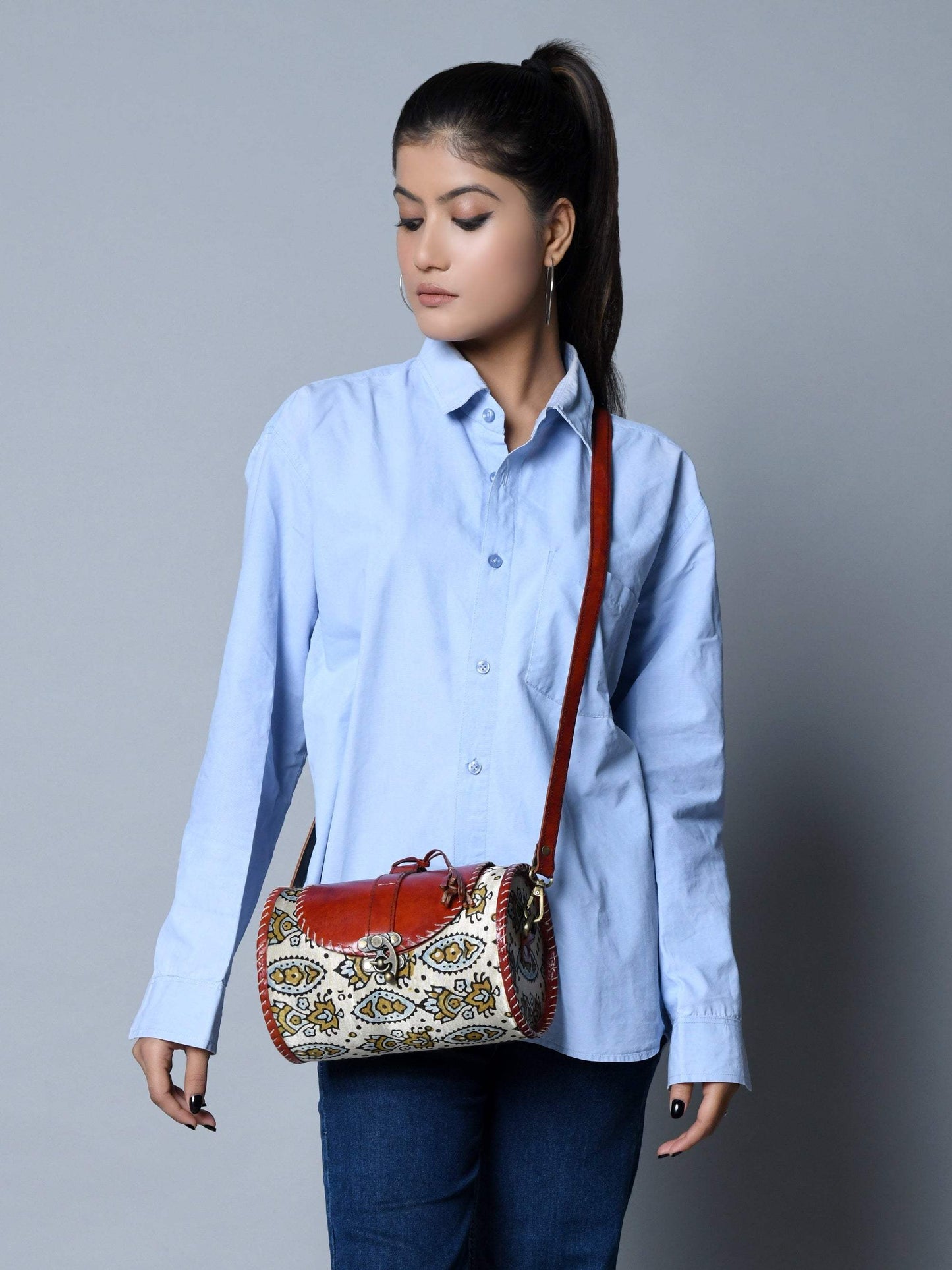 Cylindrical Block Printed Leather Bag - Classy Leather Bags - Flyclothing LLC