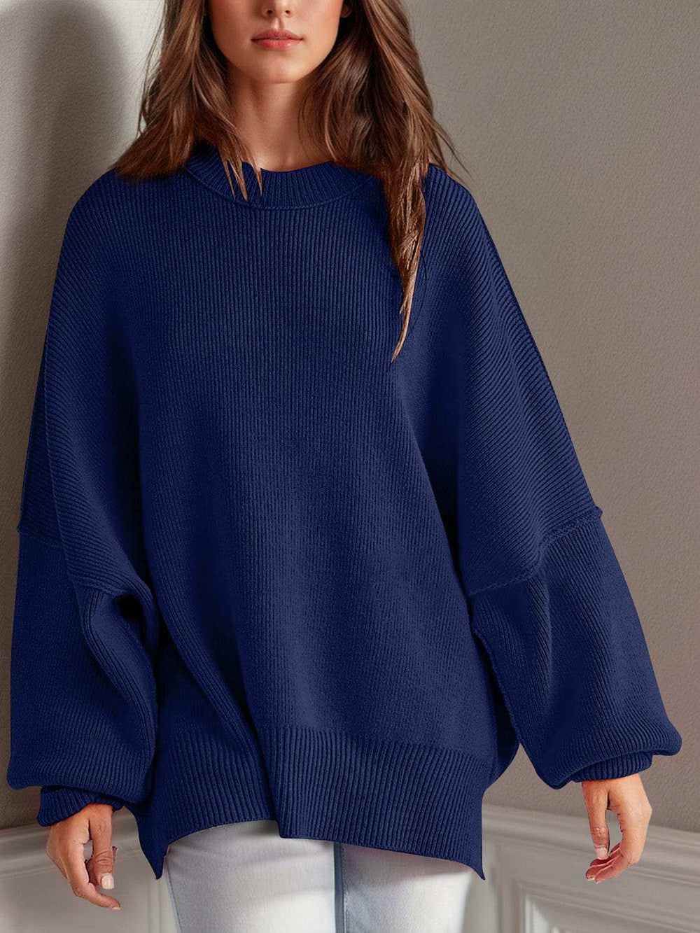 Double Take Side Slit Round Neck Long Sleeve Sweater - Trendsi - Flyclothing LLC