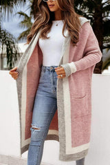 Pocketed Contrast Long Sleeve Hooded Cardigan - Trendsi - Flyclothing LLC