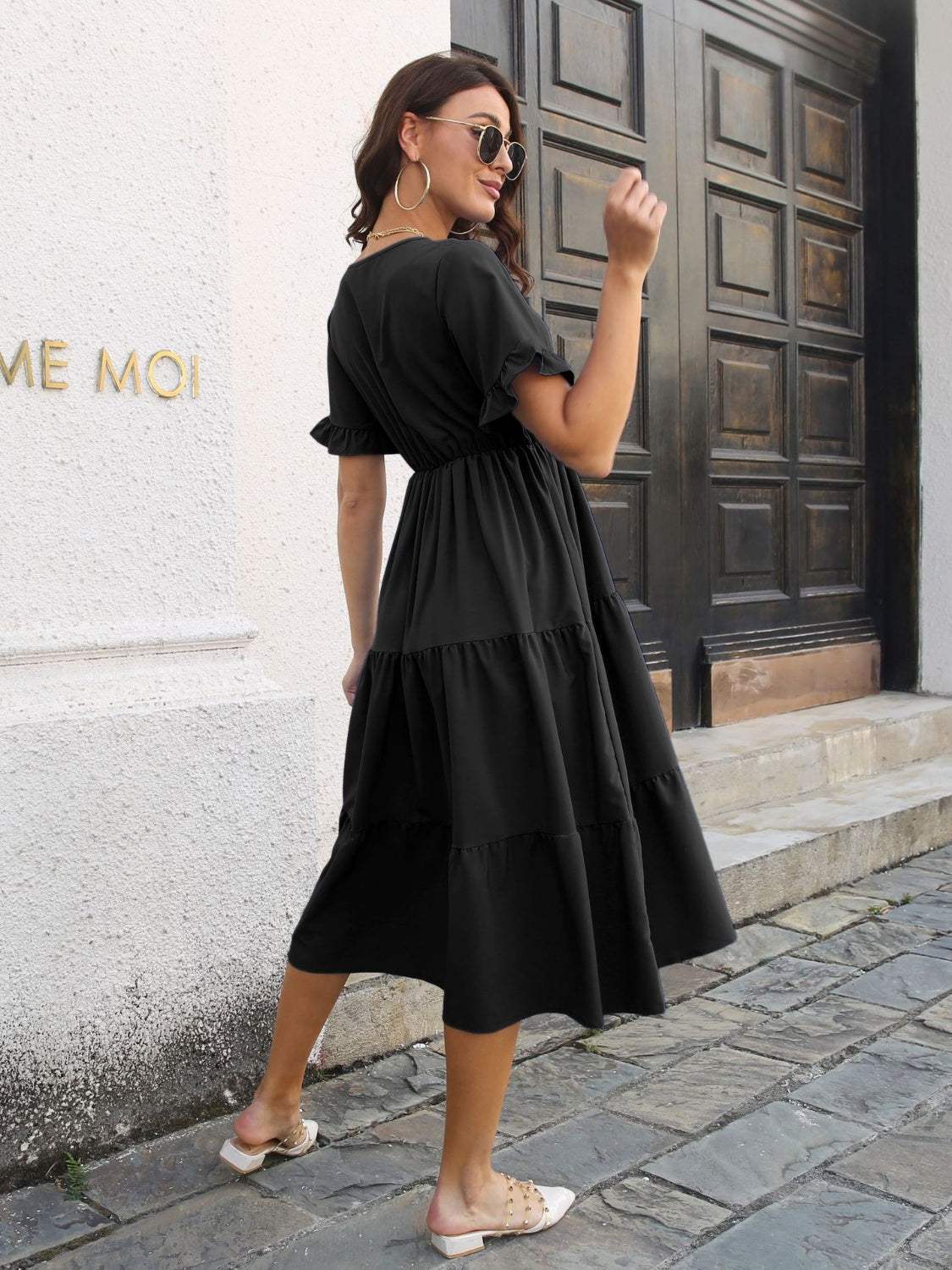 V-Neck Short Sleeve Midi Dress - Trendsi - Flyclothing LLC