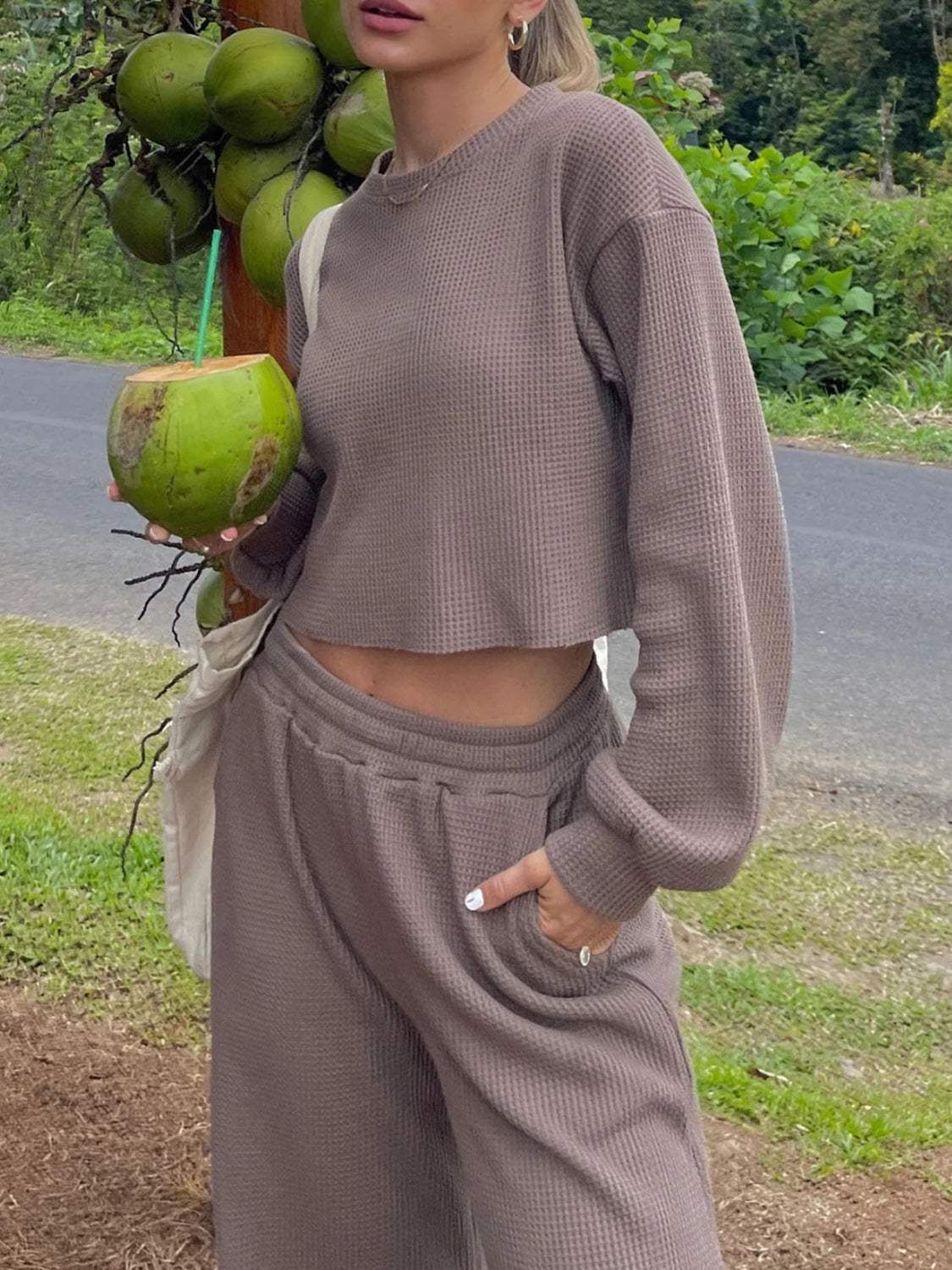 Waffle-Knit Round Neck Top and Pants Set - Trendsi - Flyclothing LLC