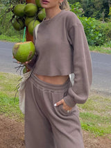 Waffle-Knit Round Neck Top and Pants Set - Trendsi - Flyclothing LLC
