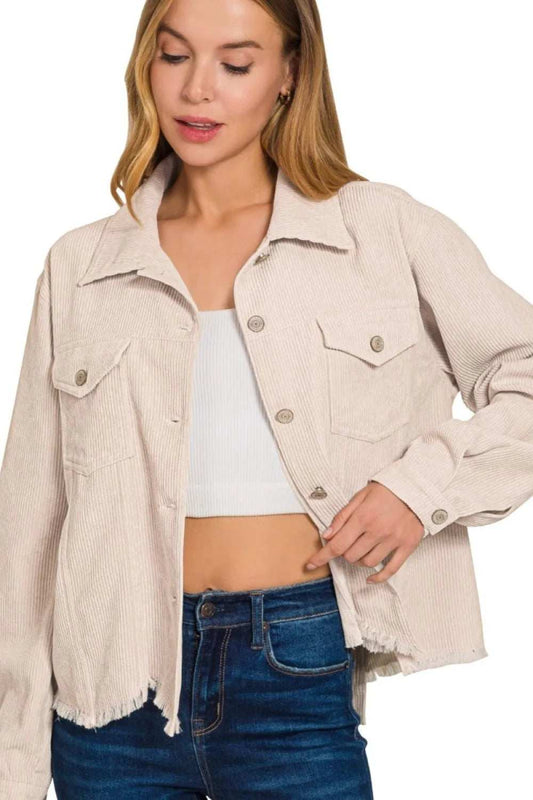 Zenana Distressed Corduroy Frayed Hem Cropped Jacket - Trendsi - Flyclothing LLC