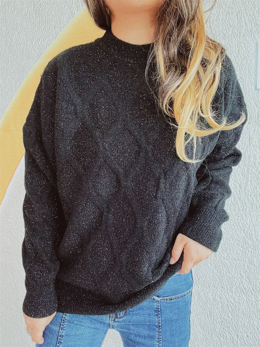 Diamond Round Neck Long Sleeve Sweater - Trendsi