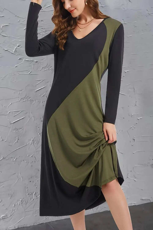 Contrast Long Sleeve Midi Dress - Trendsi - Flyclothing LLC