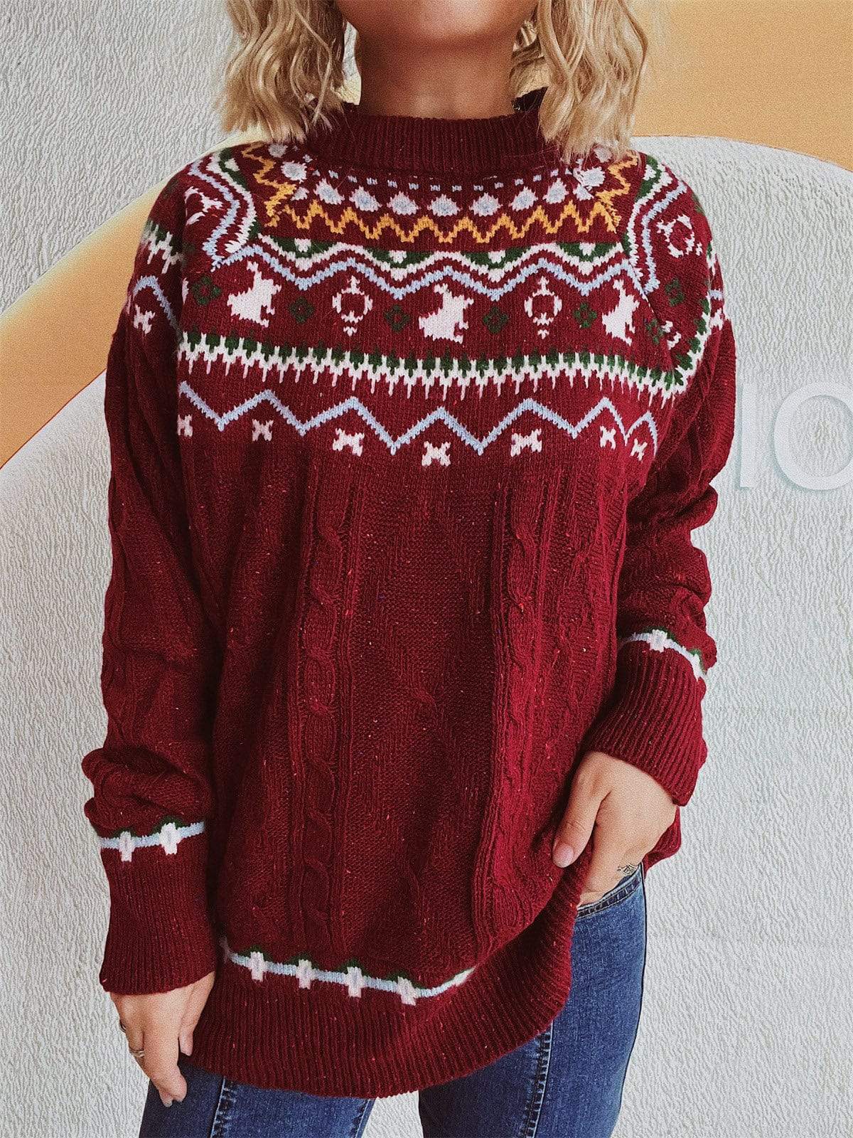 Cable-Knit Mock Neck Long Sleeve Sweater - Trendsi - Flyclothing LLC