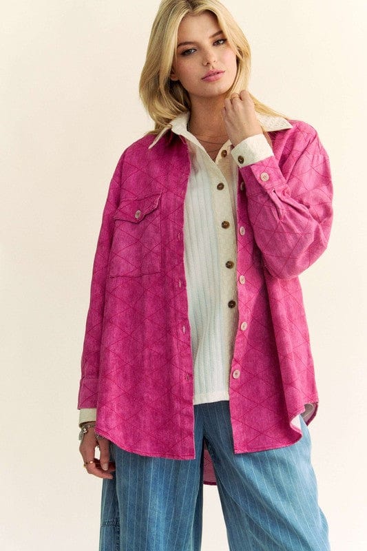 Davi & Dani Curved Hem Diamond Quilted Button Up Denim Shacket - Trendsi