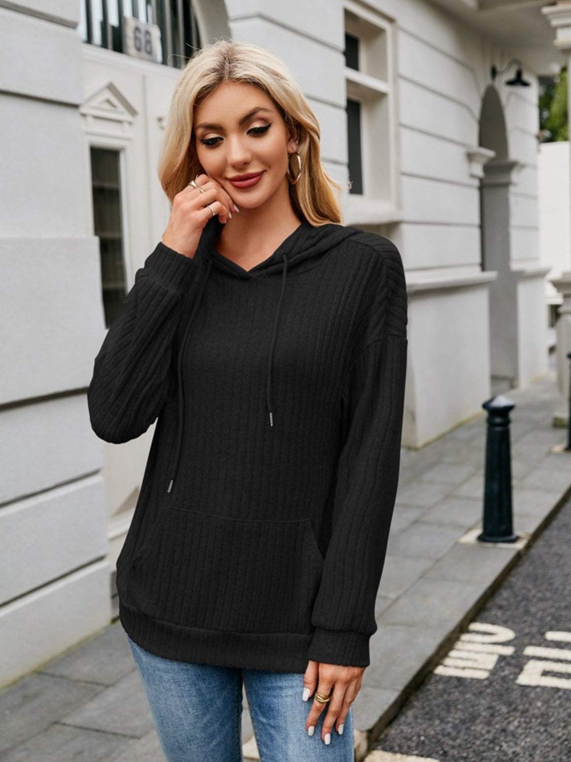 Ribbed Drawstring Long Sleeve Hoodie - Trendsi - Flyclothing LLC