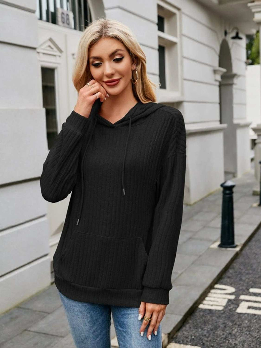 Ribbed Drawstring Long Sleeve Hoodie - Trendsi - Flyclothing LLC