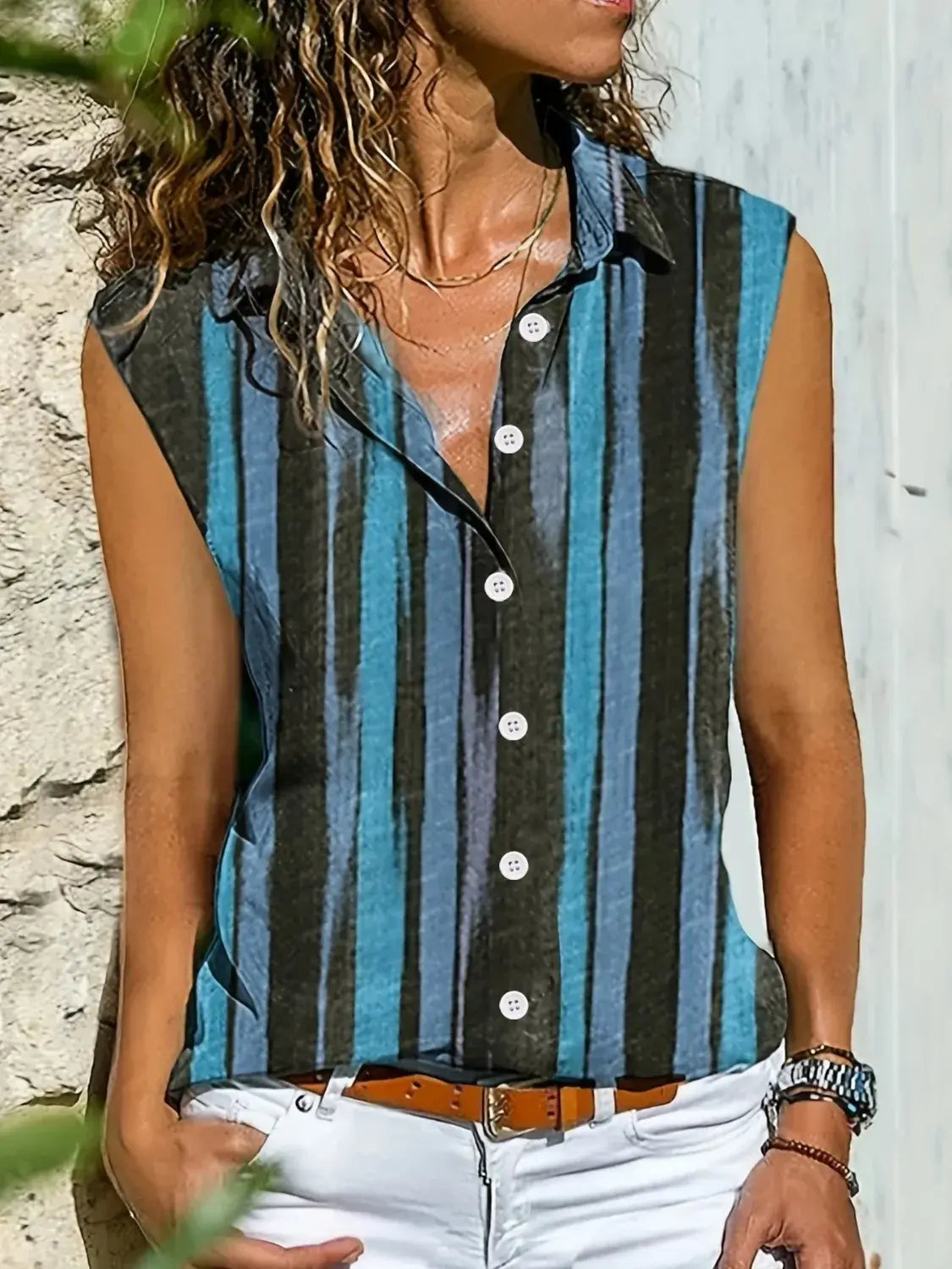 Button Detail Striped Sleeveless Shirt - Trendsi - Flyclothing LLC