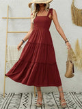 Smocked Tiered Midi Dress with Tie Straps - Trendsi - Flyclothing LLC