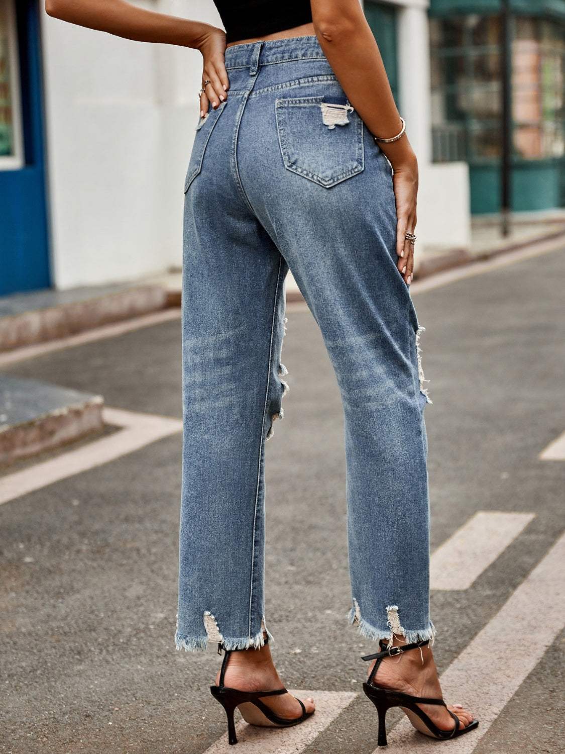 Distressed Raw Hem Jeans with Pockets - Trendsi - Flyclothing LLC