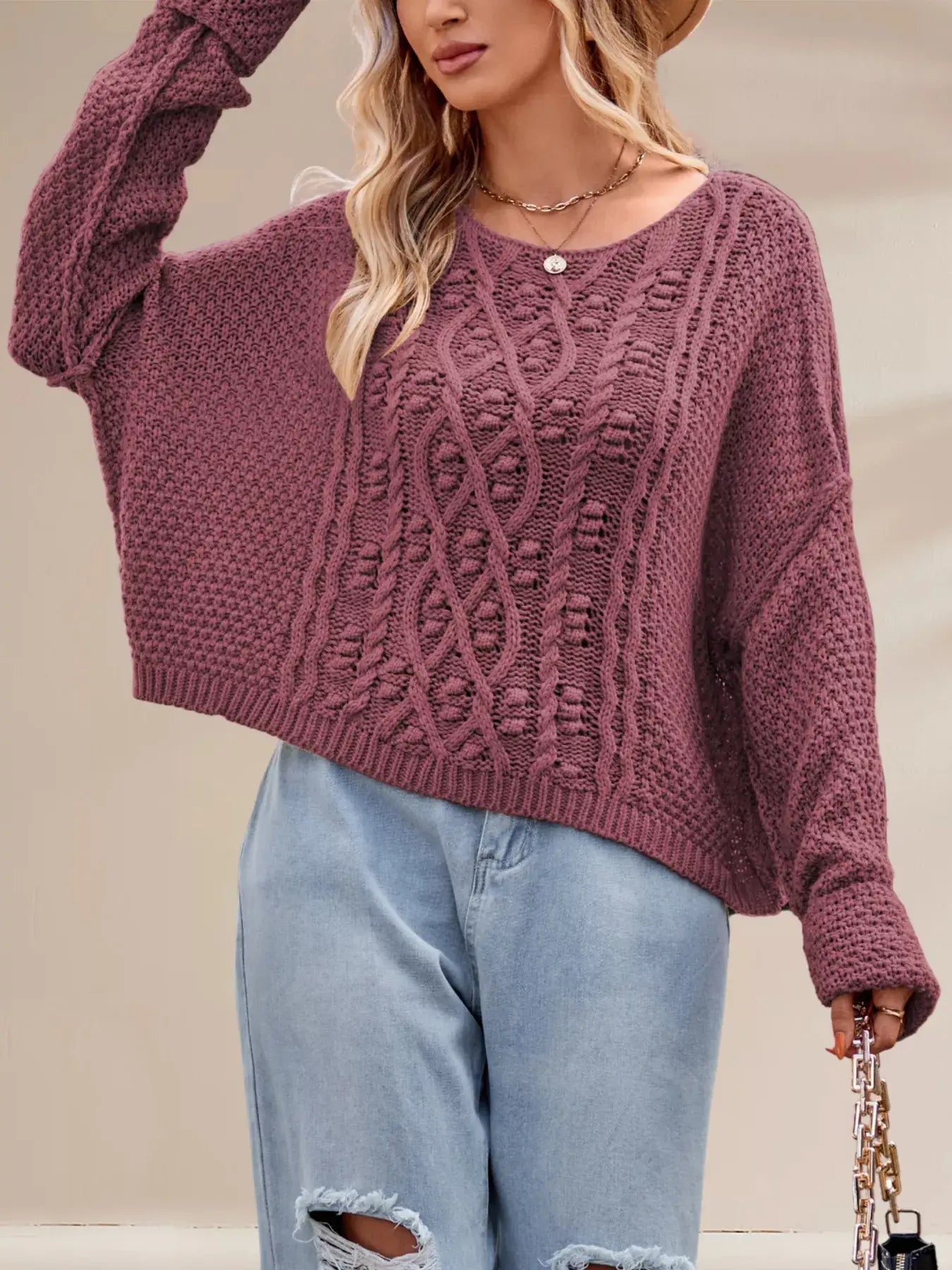Textured Knit Round Neck Sweater - Trendsi - Flyclothing LLC