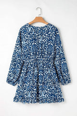 Printed Tie Neck Long Sleeve Dress - Trendsi - Flyclothing LLC