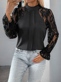 Perfee Mock Neck Lace Long Sleeve Blouse - Trendsi