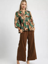 Umgee Mix Floral Peplum Blouse with Tie Neck - Trendsi - Flyclothing LLC