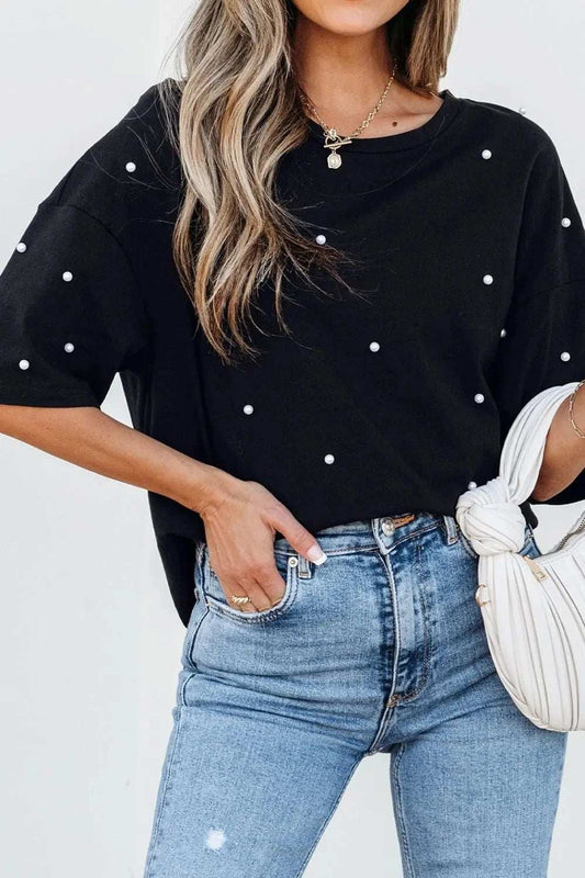 Pearl Beaded Round Neck Half Sleeve T Shirt - Trendsi - Flyclothing LLC