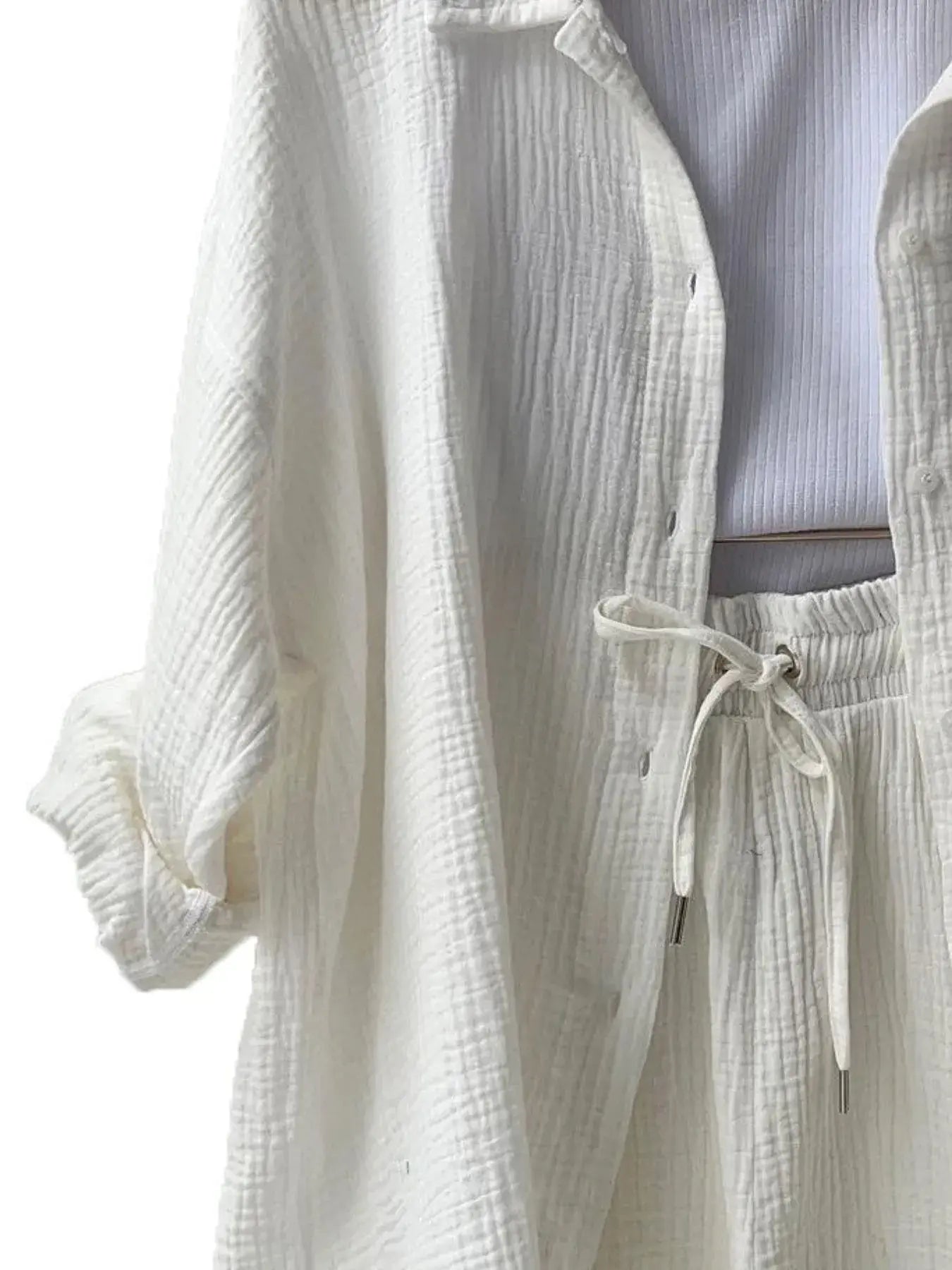 Textured Button Up Shirt and Shorts Set - Trendsi - Flyclothing LLC