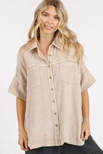 Mittoshop Mineral Wash Gauze Oversized Short Sleeve Shirt - Trendsi - Flyclothing LLC
