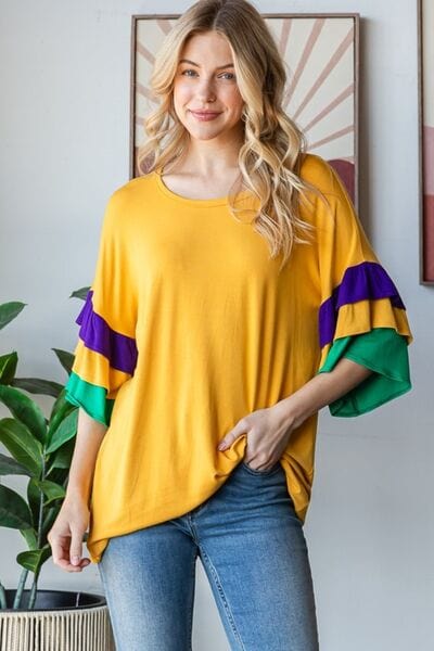 Heimish Full Size Round Neck Color Block Ruffled Half Sleeve Top Plus Size - Trendsi