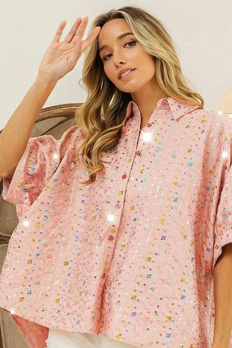 BiBi Sequin Striped Short Dolman Sleeve Blouse - Trendsi - Flyclothing LLC
