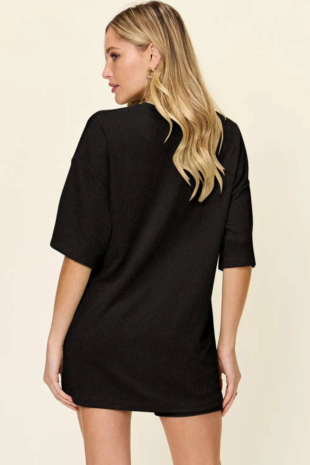 Double Take Full Size Texture Round Neck Drop Shoulder T-Shirt and Shorts Set - Trendsi - Flyclothing LLC