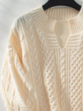 Cable-Knit Notched Long Sleeve Sweater - Trendsi