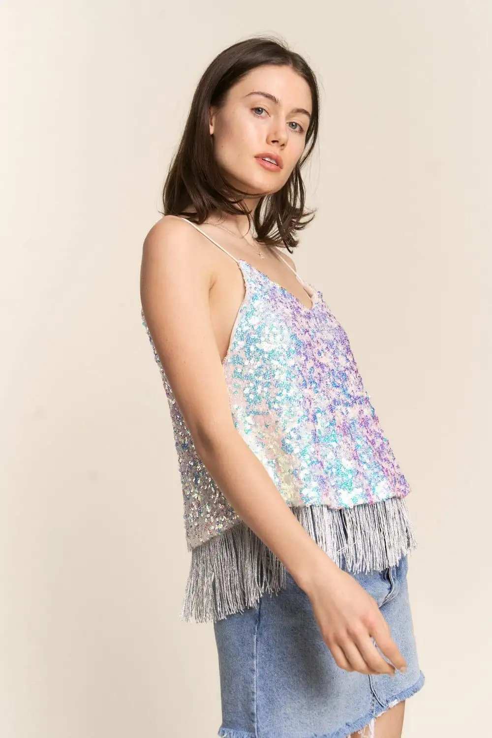 J.NNA Sequin Tassel Hem Flowy Cami - Trendsi - Flyclothing LLC