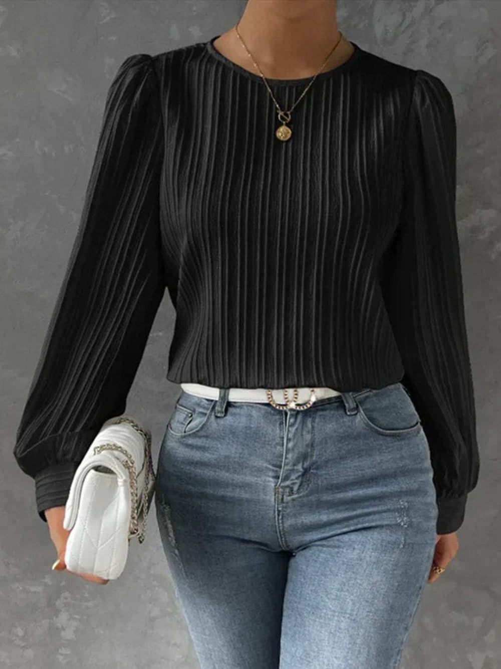 Round Neck Long Sleeve Blouse - Trendsi - Flyclothing LLC