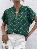 Printed Notched Short Sleeve Blouse - Trendsi
