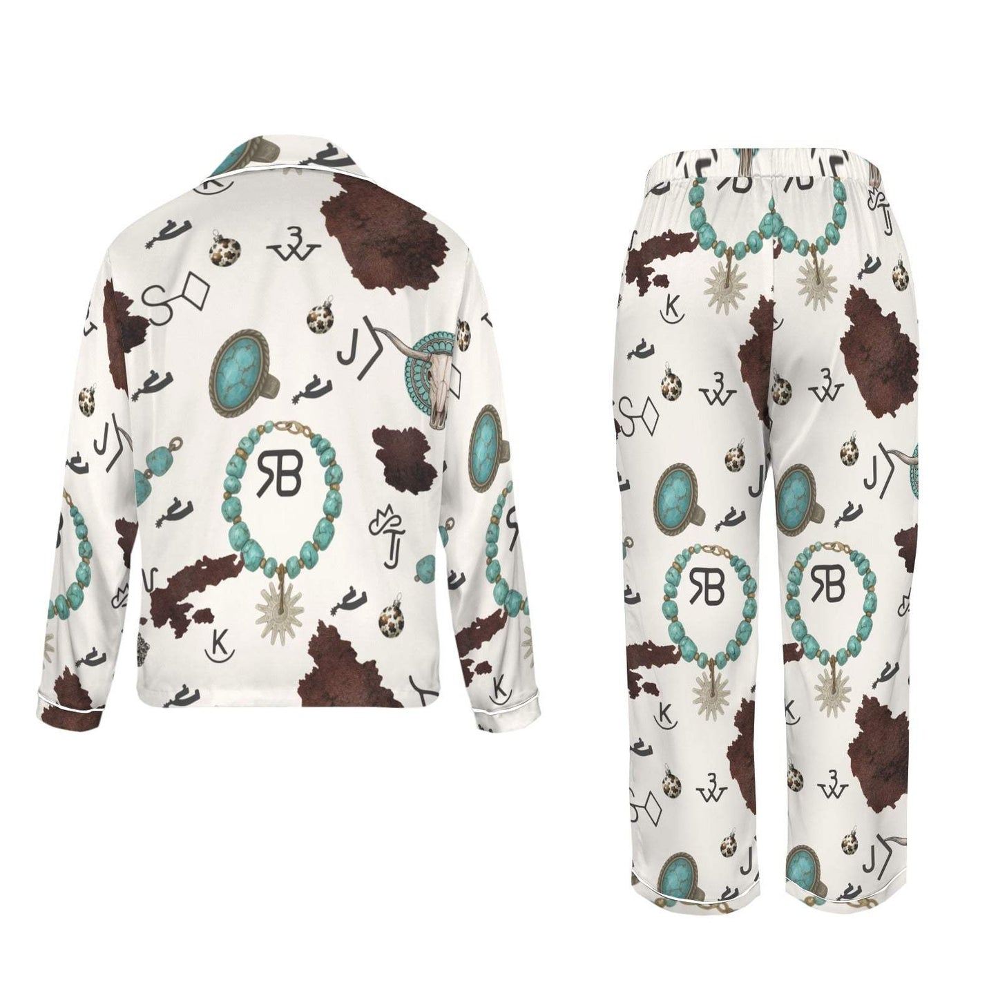 Baha Ranch Brands & Turquoise Cowgirl Christmas Western Cowprint Satin Pajamas
