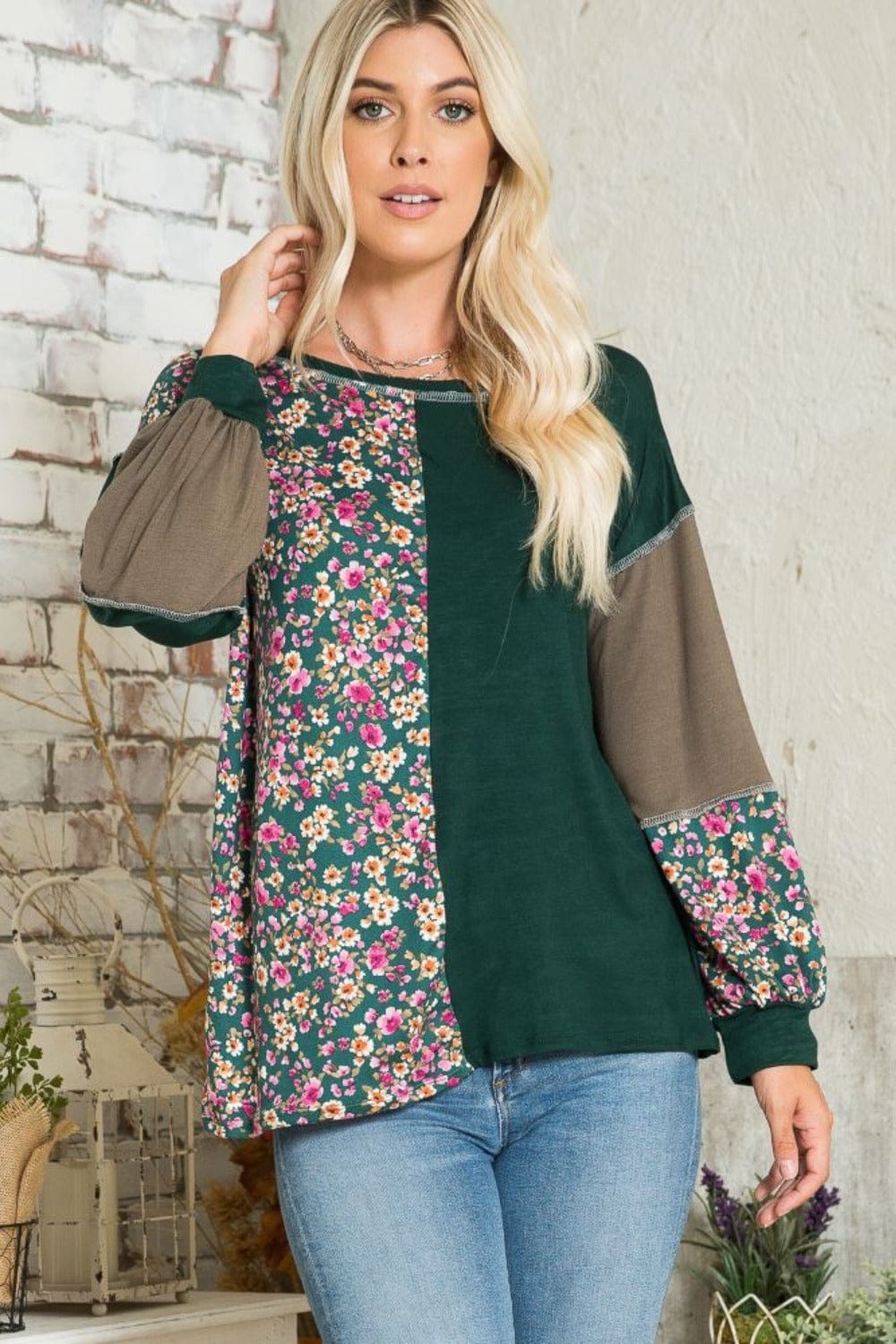 Celeste Full Size Floral Color Block Exposed Seam T-Shirt - Trendsi