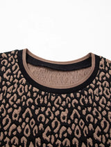 Leopard Print Puffy Bracelet Sleeve Contrast Trim Round Neck Top - Trendsi - Flyclothing LLC