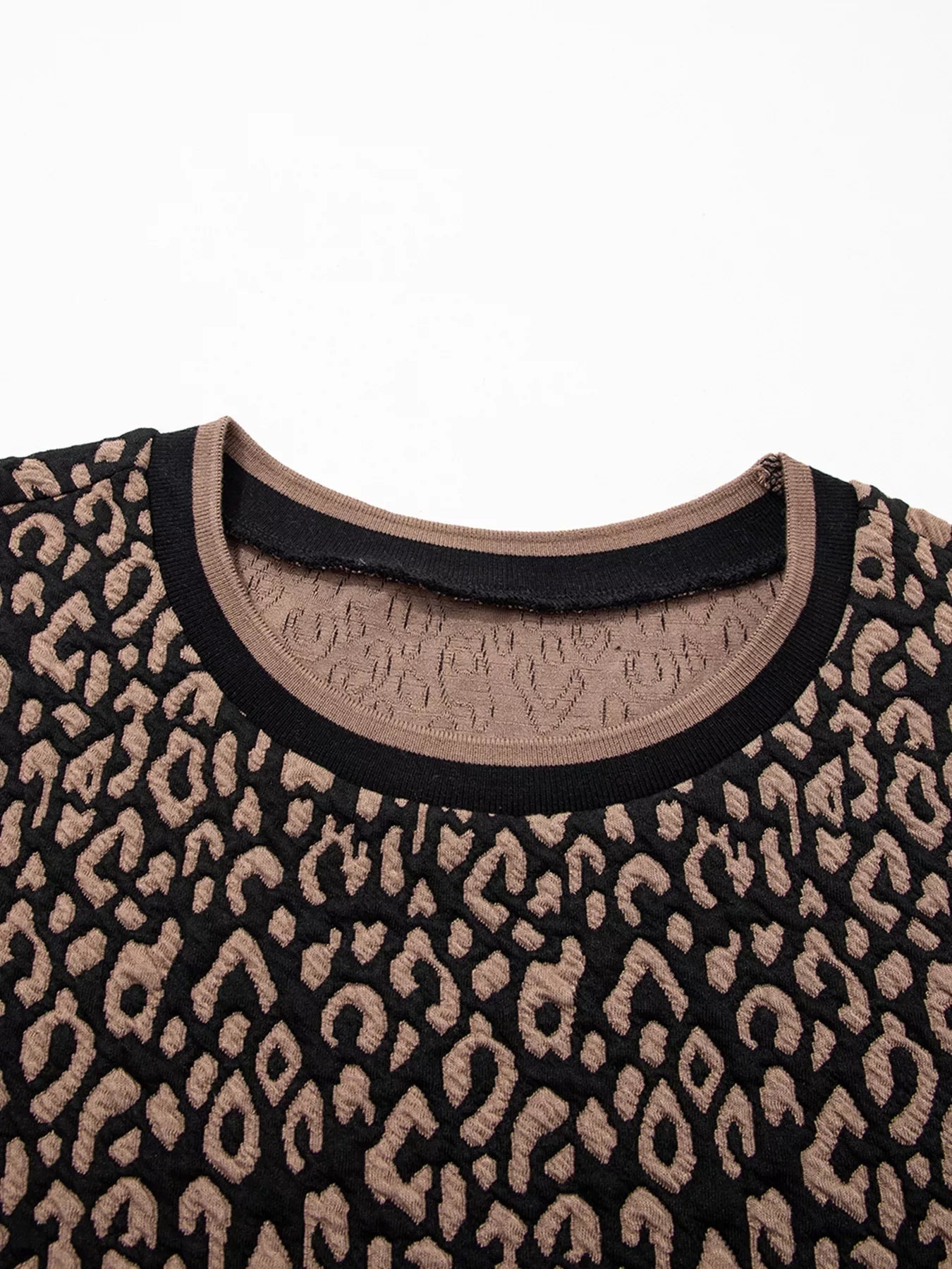 Leopard Print Puffy Bracelet Sleeve Contrast Trim Round Neck Top - Trendsi - Flyclothing LLC