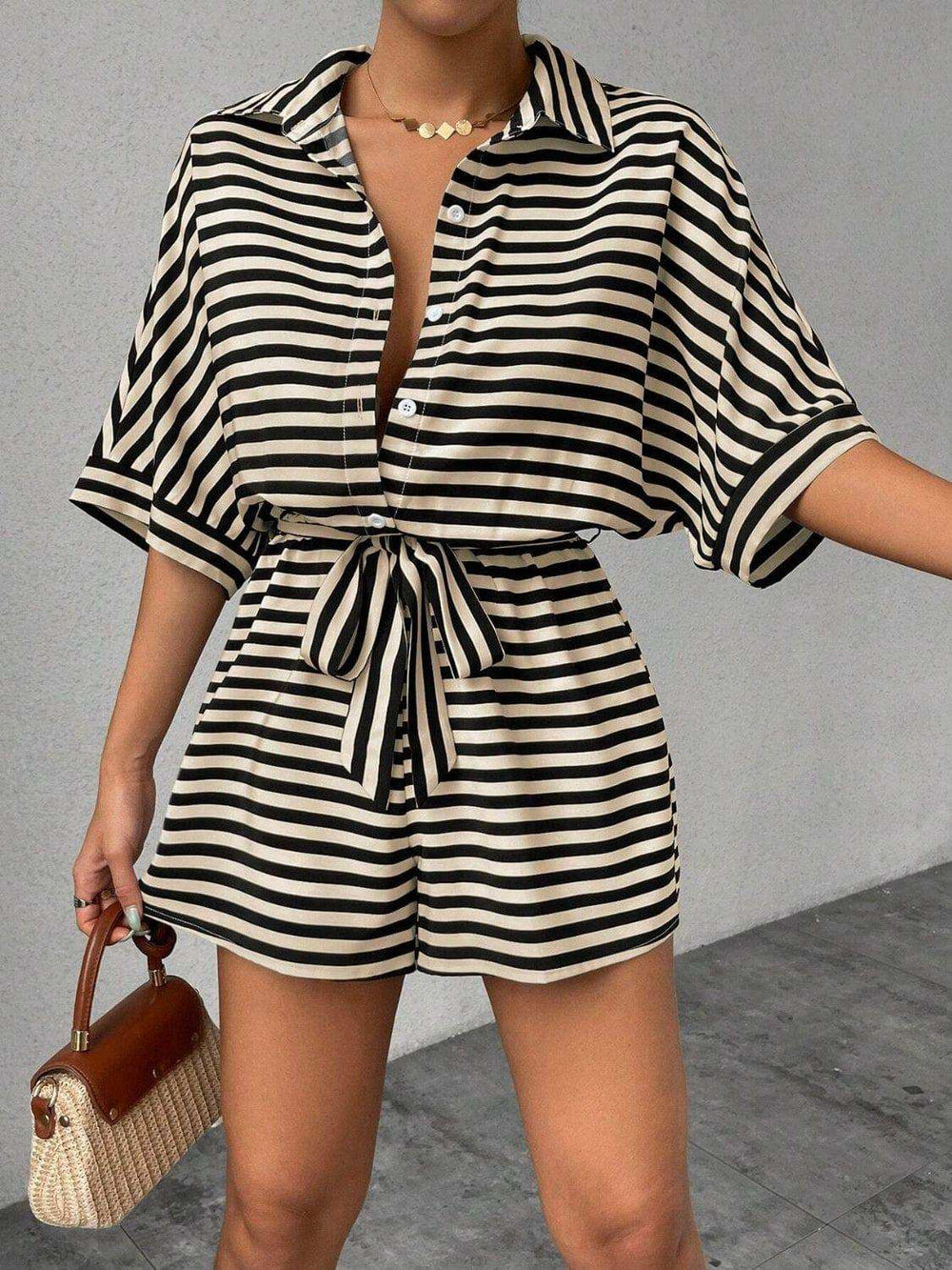 Tie Waist Half Button Striped Romper - Trendsi - Flyclothing LLC
