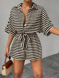 Tie Waist Half Button Striped Romper - Trendsi - Flyclothing LLC