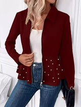 Pearl Embellished Zip-Up Peplum Outerwear - Trendsi - Flyclothing LLC