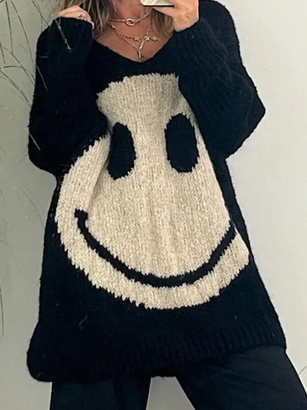 Smiling Face V-Neck Long Sleeve Sweater - Trendsi