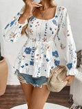 Smocked Floral Scoop Neck Flounce Sleeve Blouse - Trendsi