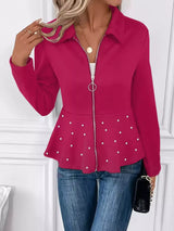 Pearl Embellished Zip-Up Peplum Outerwear - Trendsi - Flyclothing LLC