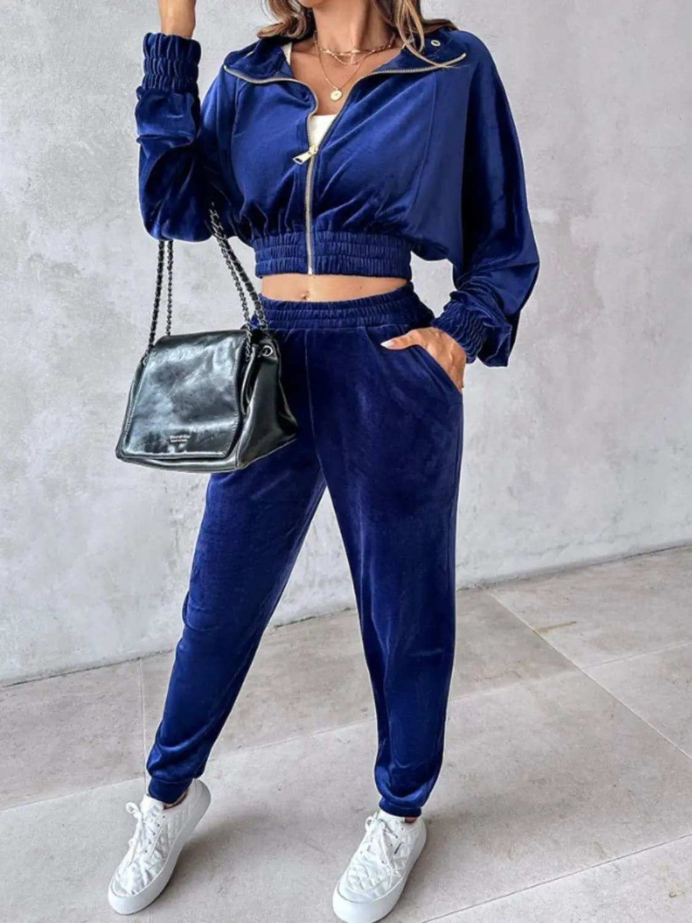 Zip Up Long Sleeve Cropped Top and Joggers Set - Trendsi - Flyclothing LLC