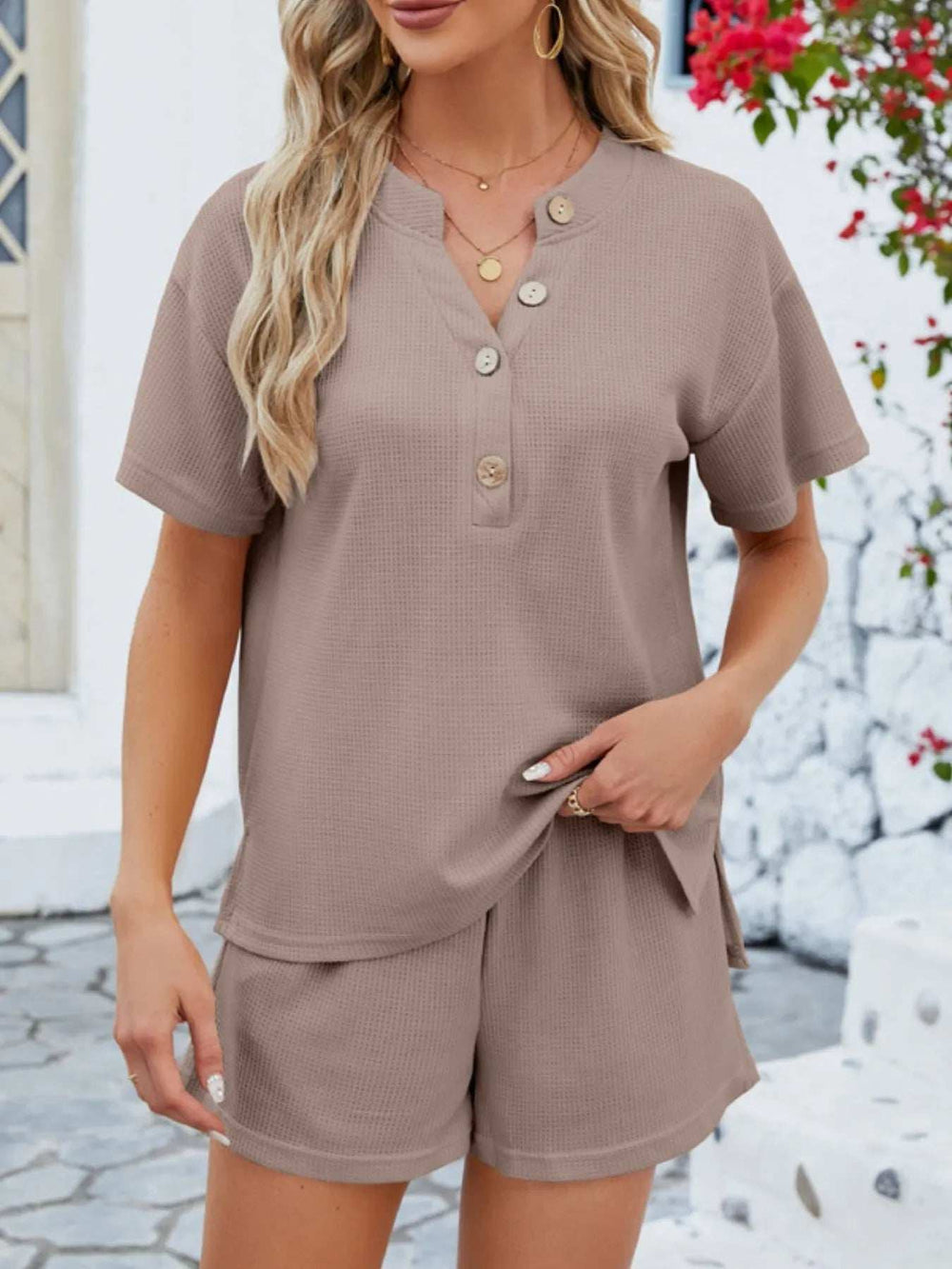 Casual Button Detail Ribbed Top and Shorts Two-Piece Set - Trendsi - Flyclothing LLC