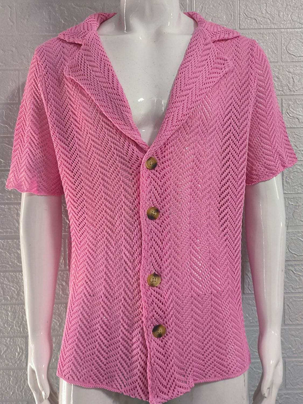 Men's Plus Size Herringbone Eyelet Button Down Knit Shirt - Trendsi - Flyclothing LLC