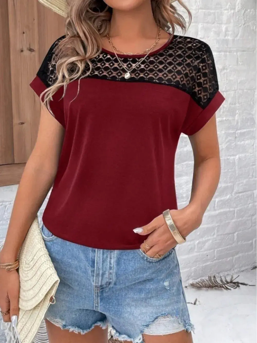 Contrast Lace Round Neck Short Sleeve Blouse - Trendsi - Flyclothing LLC