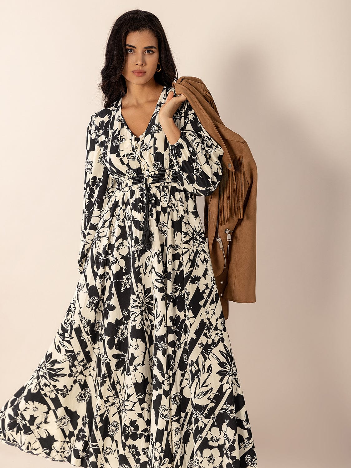 Tied Printed V-Neck Long Sleeve Midi Dress - Trendsi
