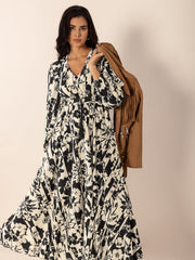 Tied Printed V-Neck Long Sleeve Midi Dress - Trendsi