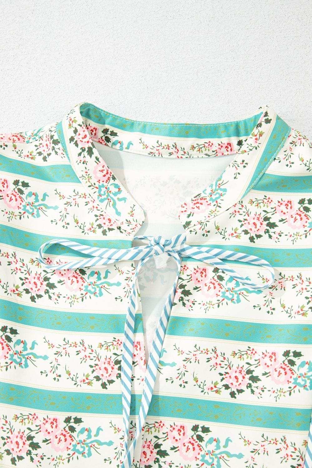 Striped Floral Print Tie Neck Puff Sleeve Midi Dress - Trendsi - Flyclothing LLC